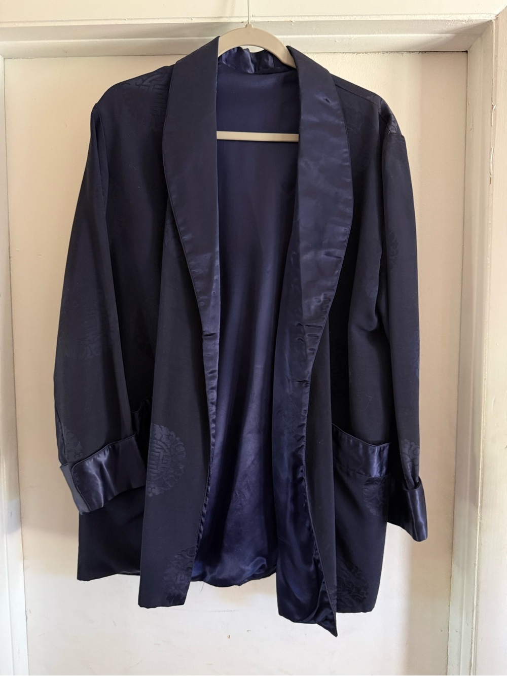 Vintage 1940s 1950s Navy Blue Satin-Trim Smoking Jacket Blazer